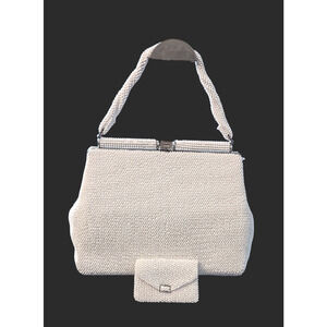 Vintage 1950s Lemured Petite Beaded Handbag & coin purse ivory brass hardware